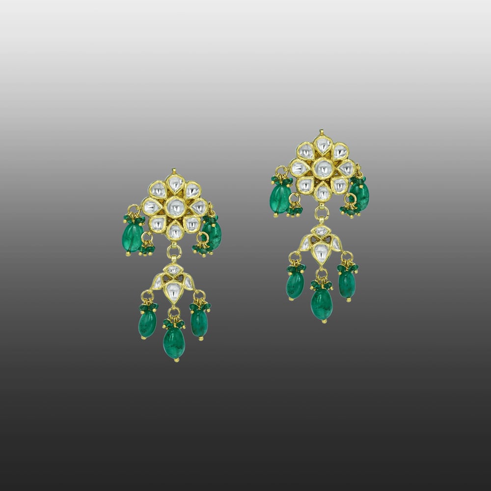 Polki Earrings with Emerald Drops and Intricate Design